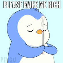 a penguin is holding a stick in its mouth with the words please make me rich above it