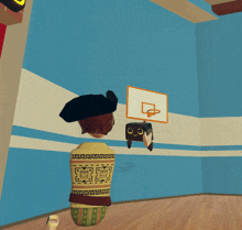 a cartoon character holding a gun in front of a basketball hoop that says dude