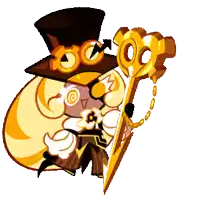 a cookie with a top hat and goggles is holding a pair of scissors .