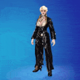 a woman is standing on a blue background wearing a black suit and heels .