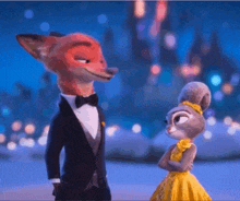 a man in a tuxedo and a woman in a yellow dress are looking at each other