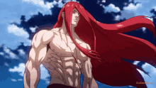 a shirtless anime character with long red hair stands in front of a cloudy sky