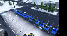 a row of blue pickup trucks are parked in a parking lot with the words send trade in the corner