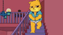 a cartoon cat is walking down a set of stairs wearing underwear