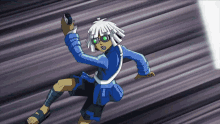 a cartoon character with white hair and green eyes is running