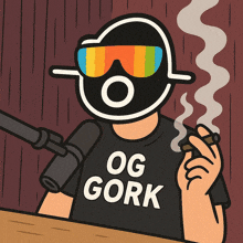 a cartoon of a person wearing a og gork shirt smoking a cigar