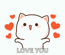a cartoon cat is surrounded by hearts and says `` love you '' .