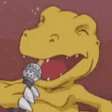 a dinosaur is singing into a microphone .
