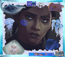 a picture of a woman surrounded by sea creatures with the words " i love sea fish " written on it