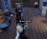 deadpool in a video game with the word emote together on the screen