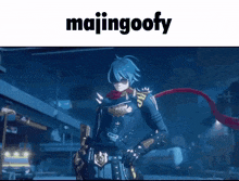a man with blue hair and a scarf around his neck is standing in a dark room with the words majingoofy above him