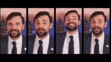 four pictures of a man in a suit and tie with a city in the background