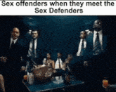 a group of men in suits and ties are standing around a table with drinks ..