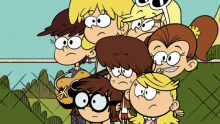 a group of cartoon characters are standing next to each other and one of them is holding a guitar