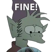 a cartoon character with a purple hat and the word fine on it