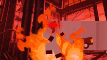 a cartoon drawing of a building on fire with a car in the background