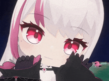 a close up of a anime girl with red eyes