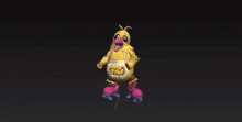 a yellow chicken with a pink beak and pink shoes is dancing in a dark room .