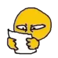 a yellow smiley face is holding a piece of paper in his hands .