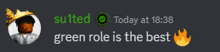 a screenshot of a conversation between sulted and today at 18:38 green role is the best