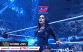 a woman in a wrestling ring with peacock in the us and netflix internationally on the bottom