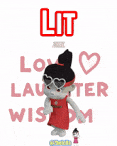 a cartoon character wearing heart shaped sunglasses is standing in front of a sign that says love laughter and wisdom