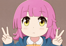 a cartoon girl with pink hair and yellow eyes giving a peace sign