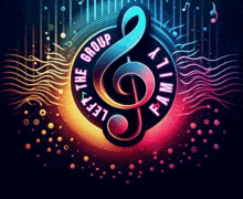 a musical treble clef with the words left the group family written around it
