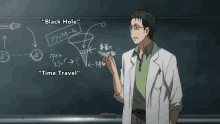 a man in a lab coat stands in front of a blackboard that says " black hole "