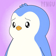 a penguin with a sad look on its face is on a purple background that says pengu