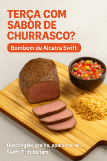 a cutting board with a piece of meat and a bowl of salsa on it