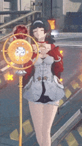 a girl in a red jacket is holding a clock