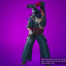 a video game character with a purple background is dancing