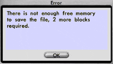 a computer screen shows an error message that says there is not enough free memory to save the file 2 more blocks required