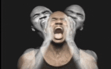 a man is screaming with two faces behind his head