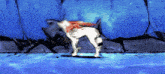 a drawing of a wolf standing in the water with a blue background