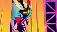 a colorful cartoon character is standing behind a curtain with a yellow eye .