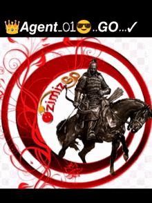 a picture of a man riding a horse with agent 01 go written below him
