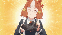 a girl with the letter b on her ears is holding a pair of shoes