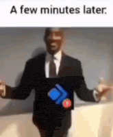 a man in a suit and tie is standing in front of a wall with his arms outstretched in a few minutes later .