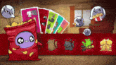 a bag of chips sits on a table next to cards
