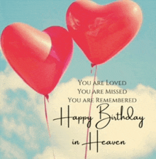 a birthday card that says happy birthday in heaven with two heart shaped balloons