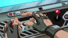 a person is playing a video game with a button that says 1p