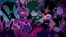 a group of cartoon characters are standing in a dark room .