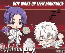 a boy is holding a bouquet of flowers and a cake while another boy is sleeping on the floor .