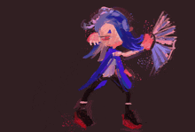 a drawing of a girl with purple hair holding a fan