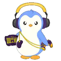 a cartoon penguin wearing headphones and holding a controller
