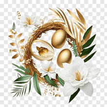 a wreath with gold eggs , white flowers , and green leaves on a transparent background .