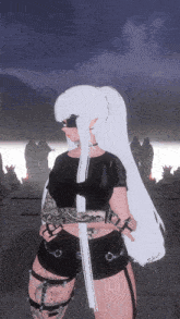 a girl with long white hair is wearing a black shirt and shorts