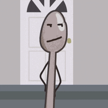 a cartoon spoon is standing in front of a door and making a face